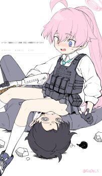 1boy 1girl absurdres abydos_high_school_logo accidental_pervert ahoge aqua_necktie ass bare_legs beretta_92 black_gloves black_skirt blue_archive blue_eyes blue_necktie blue_shoes blush bulletproof_vest chest_strap collared_shirt fang fingerless_gloves flustered gloves grey_pants grey_skirt grey_suit gun hair_between_eyes halo handgun heterochromia highres hoshino_(armed)_(blue_archive) hoshino_(blue_archive) huge_ahoge kandori loli long_hair long_sleeves looking_at_another looking_at_viewer miniskirt necktie nervous_sweating open_mouth panties pants pink_hair pink_halo plaid_clothes plaid_skirt pleated_skirt ponytail shirt shoes side_ponytail simple_background sitting sitting_on_face sitting_on_person skirt sleeves_rolled_up slipping smile socks solo squiggle suit sweat sweatdrop tactical_clothes thighs underwear very_long_hair weapon white_background white_panties white_shirt white_socks yellow_eyes