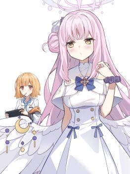 2girls angel_wings aqua_necktie arm_behind_back blue_archive blue_bow bow breasts buttons capelet collared_shirt double-breasted dress gold_trim hair_bun halo handheld_game_console highres holding holding_handheld_game_console hopepe lollipop_in_mouth long_hair low_wings medium_breasts mika_(blue_archive) multiple_girls necktie orange_eyes orange_hair pink_hair pink_halo scrunchie shirt simple_background single_hair_bun single_side_bun white_background white_capelet white_dress white_shirt white_wings wing_ornament wings wrist_scrunchie yellow_eyes