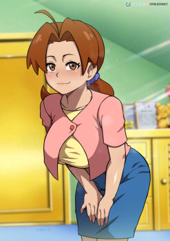 1girl ahoge blue_skirt blurry blurry_background brown_eyes brown_hair buttons ceiling closed_mouth commentary cowboy_shot curtained_hair delia_ketchum door ervilderwelt eyelashes hair_ornament hair_scrunchie hands_on_own_thighs highres indoors jacket leaning_forward long_hair looking_at_viewer mature_female nintendo pink_jacket pokemon pokemon_(anime) pokemon_(classic_anime) scrunchie shirt short_sleeves skirt smile solo subscribestar_logo subscribestar_username sweat watermark yellow_shirt