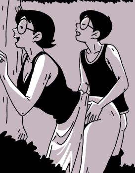 1boy 1girl akm_(pixiv_id_106652724) bare_legs doraemon glasses hetero incest monochrome mother_and_son nobi_nobita nobi_tamako sex sex_from_behind shirt short_hair sleeveless sleeveless_shirt waist_grab