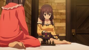 2girls ass barefoot bed board_game brown_eyes brown_hair cat chess chomusuke feet highres kono_subarashii_sekai_ni_bakuen_wo! kono_subarashii_sekai_ni_shukufuku_wo! legs megumin multiple_girls pajamas red_eyes screencap soles toes yunyun_(konosuba)
