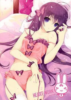 Rule 34 | 1girl, absurdres, ahoge, bed, bed sheet, blush, camisole, caricature, collarbone, garter straps, head tilt, highres, looking at viewer, lying, on back, on bed, panties, pillow, pink panties, purple eyes, purple hair, rabbit, suzuhira hiro, tareme, text focus, thigh gap, thighhighs, underwear, white thighhighs
