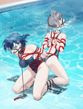 2girls absurdres animal_ear_fluff animal_ears arms_behind_back asphyxiation bare_shoulders bdsm blue_archive blue_eyes blue_one-piece_swimsuit bondage bound bound_arms bound_breasts bound_legs bound_together bound_torso box_tie breasts chihiro_(blue_archive) collarbone covered_erect_nipples crotch_rope drowning female_focus gag gag_harness gagged glasses grey_hair halo highres kneeling kumachi_(aikawaakeya) large_breasts large_variant_set medium_hair multiple_girls one-piece_swimsuit ponytail pool predicament_bondage purple_hair restrained ring_gag shibari shibari_over_clothes shiroko_(blue_archive) skindentation swimsuit tongue tongue_out torture variant_set