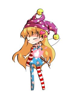 1girl american_flag american_flag_dress american_flag_legwear american_flag_print blonde_hair chibi chibi_only clownpiece commentary_request dairi fairy_wings flag_print full_body hat holding holding_torch jester_cap large_variant_set long_hair no_shoes pantyhose polka_dot_headwear purple_hat short_sleeves simple_background solo tachi-e torch touhou transparent_background variant_set wings