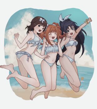 3girls 8_8ghost amami_haruka arm_up bare_legs barefoot beach bikini black_hair blue_eyes bow bracelet breasts brown_hair closed_eyes day earrings fang feet ganaha_hibiki green_eyes hair_bow highres hoop_earrings idolmaster idolmaster_(classic) jewelry jumping long_hair looking_at_viewer multiple_girls multiple_hair_bows navel open_mouth orange_hair outdoors p-head_producer ponytail producer_(idolmaster) short_hair swimsuit takatsuki_yayoi twintails white_bikini white_bow