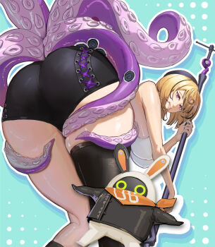 1girl 1other ass ass_focus bare_shoulders black_shorts blonde_hair breasts come_hither eous_(zenless_zone_zero) from_behind grin hat large_breasts leaning leaning_forward looking_at_viewer naughty_face short_hair short_shorts shorts sideboob smile tentacles thighhighs twoteeth weapon yidhari_murphy zenless_zone_zero
