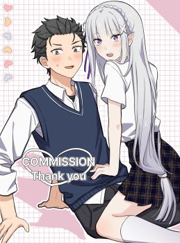 1boy 1girl absurdres alternate_costume black_hair black_pants black_skirt blue_sweater_vest blunt_bangs blush braid brown_eyes collared_shirt commentary_request contemporary couple crown_braid emilia_(re:zero) flower grey_hair hair_flower hair_ornament hair_ribbon heart hetero highres kneehighs korean_commentary long_hair low-tied_long_hair meomeo0303 natsuki_subaru open_mouth pants plaid_clothes plaid_skirt pleated_skirt pointy_ears purple_eyes re:zero_kara_hajimeru_isekai_seikatsu ribbon school_uniform shirt short_hair short_sleeves sitting skirt socks sweatdrop sweater_vest white_flower white_shirt x_hair_ornament