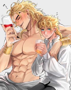 2boys abs alcohol birthmark black_nails blonde_hair blush bracelet braid closed_eyes closed_mouth collared_shirt cup dio_brando drinking_glass drunk ear_birthmark earrings fangs father_and_son fingernails giorno_giovanna green_eyes grey_pants highres holding holding_cup jewelry jojo_no_kimyou_na_bouken juice komiya_harumoto long_hair long_sleeves looking_at_viewer male_focus multiple_boys muscular muscular_male navel open_mouth orange_juice pants pectorals scar scar_on_neck sharp_fingernails shirt size_difference smile stardust_crusaders time_paradox topless_male vampire vento_aureo white_shirt wine wine_glass