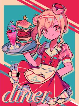 1girl :q apron aqua_background blonde_hair border bright_pupils brown_border burger buttons cheese cherry chromatic_aberration clipboard closed_mouth clothes_writing cowboy_shot dotabata_cafe_rec!!_(project_sekai) double-breasted dress drinking_straw faux_retro_artstyle flat_chest food fruit hair_between_eyes hair_bun halftone hand_on_own_hip hand_up hashtag-only_commentary hat hat_tip highres holding holding_tray lettuce looking_at_viewer menma_(enaic31) milkshake official_alternate_costume official_alternate_hairstyle outside_border petticoat pink_eyes pink_hat pink_shirt pocket project_sekai puffy_short_sleeves puffy_sleeves red_dress shirt short_dress short_sleeves side_ponytail simple_background single_hair_bun sleeveless sleeveless_dress solo standing star_(symbol) star_button striped_clothes striped_shirt tenma_saki tomato tomato_slice tongue tongue_out tray twitter_username two-tone_shirt v-shaped_eyebrows vertical-striped_clothes vertical-striped_shirt waist_apron white_apron white_pupils white_shirt