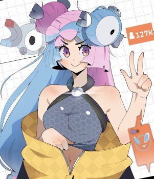 bow-shaped_hair character_hair_ornament gen_1_pokemon gjh hair_ornament hexagon_print iono_(pokemon) jacket magnemite multicolored_hair oversized_clothes pokemon pokemon_sv split-color_hair two-tone_hair x_(symbol) yellow_jacket