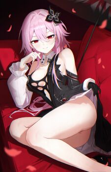 1girl ass black_dress black_gloves blush breasts clothes_lift commentary couch detached_collar dress earrings evernight_(honkai:_star_rail) falling_petals flower gloves hair_flower hair_ornament highres honkai:_star_rail honkai_(series) jewelry kumari2311 long_hair looking_at_viewer march_7th_(honkai:_star_rail) medium_breasts on_couch petals pink_hair red_background red_eyes shirt_lift single_earring single_glove sitting smile solo umbrella yokozuwari