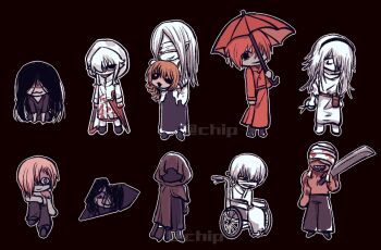 2girls 6+boys adashino_adami black_background chibi chinese_commentary commentary_request hairdresser_(homicipher) highres holding holding_detached_head holding_umbrella homicipher machete mr._chopped mr._crawling mr._gap mr._hood mr._machete mr._scarletella mr._silvair mr._stitch mr._wheelchair multiple_boys multiple_girls noecho severed_head simple_background umbrella white_hair