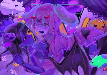 animal_ears blunt_bangs blush breasts candy cleavage demon_girl demon_horns dog drooling ena_(ena) ena_(series) ena_(web_series) fishnet_top fishnets food ghost highres horns hourglass_dog lollipop long_hair mezo_(usagimarumei) mouth_drool pink_hair rabbit_ears rabbit_girl sad_ena usagimarumei window yuri