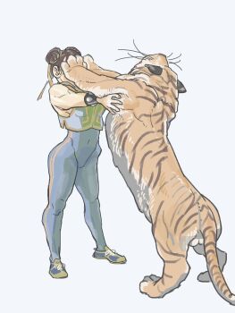 1girl alternate_costume animal animal_hug bracelet brown_hair capcom chun-li double_bun full_body hair_bun hair_ribbon hasegawa_(0tznqnl6aapojps) highres in_the_face meme reference_work ribbon shoes simple_background sleeveless sneakers standing street_fighter street_fighter_zero_(series) studded_bracelet tiger unitard whiskers white_background