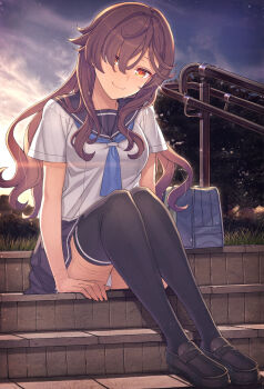 1girl android android_girl_aki bag black_shoes black_thighhighs blue_neckerchief blush breasts brown_hair glint grass hair_over_one_eye highres itou_(onsoku_tassha) light_particles long_hair looking_at_viewer medium_breasts neckerchief orange_eyes original outdoors panties pantyshot pleated_skirt railing school_uniform serafuku shoes sitting sitting_on_stairs skin_seams skirt sky smile solo stairs thighhighs tree underwear white_panties