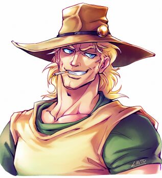 1boy blonde_hair blue_eyes cigar cowboy_hat green_shirt hat hol_horse jojo_no_kimyou_na_bouken lintufriikki male_focus medium_hair shirt signature simple_background smirk stardust_crusaders white_background