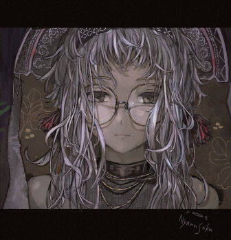 1girl absurdres artist_name earrings expressionless glasses grey_hair hashtag-only_commentary headdress highres jewelry letterboxed long_hair looking_at_viewer muted_color necklace nyannsaka original portrait round_eyewear signature sleeveless solo tassel tassel_earrings