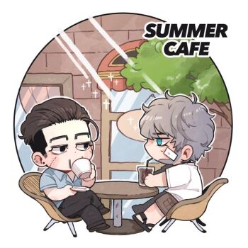 2boys bandaid bandaid_on_face black_eyes black_pants black_sandals blue_eyes blue_shirt brown_hair brown_shoes brown_shorts cafe chair character_request collared_shirt commentary_request crossed_legs cup disposable_cup door drinking drinking_glass ear_piercing english_text fluffy_hair from_side golden_kamuy grey_hair hair_slicked_back holding holding_cup looking_at_another loose_hair_strand ma9l4raa male_focus multiple_boys ogata_hyakunosuke pants piercing sandals shirt shoes shorts sideburns sitting solid_eyes sweat table window wooden_table