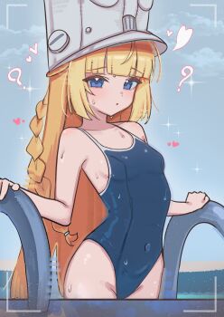1girl :o ? alternate_costume arched_back blonde_hair blue_one-piece_swimsuit blue_sky breasts cloud covered_navel grey_hat hat heart heart_in_eye high_(hgih) highres large_hat light_blush loli long_hair looking_at_viewer norma_hollowell one-piece_swimsuit open_mouth pool pool_ladder purple_eyes school_swimsuit shako_cap sky small_breasts solo swimsuit symbol_in_eye very_long_braid very_long_hair viewfinder water wet white_hat zenless_zone_zero
