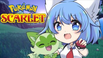 Rule 34 | :d, animal ears, blue eyes, blue hair, bow, cat, chibi, chibi only, commentary, cosplay, dot nose, english commentary, fang, hair bow, highres, holding, holding poke ball, indie virtual youtuber, looking at viewer, nintendo, open mouth, pale skin, poke ball, pokemon, pokemon (creature), pokemon sv, shirt, short hair, short sleeves, smile, sprigatito, virtual youtuber, white shirt, wolf ears, wolf girl, wolfychu, wolfychu (artist)