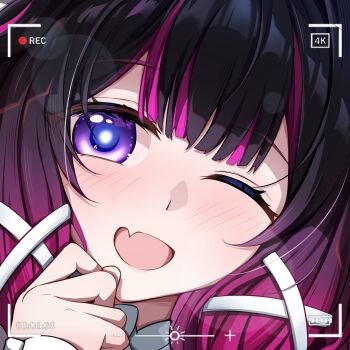 1girl absurdres black_hair blush close-up columbina_(genshin_impact) commentary_request fang genshin_impact hand_up highres looking_at_viewer multicolored_hair one_eye_closed open_mouth purple_eyes purple_hair recording skin_fang solo yami_(yangjiechen5)