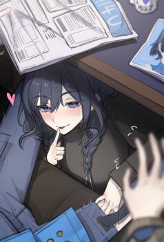 2girls black_dress black_hair blue_eyes blue_jacket blue_pants blush braid cup dress green_ribbon hair_ribbon heart hololive hololive_english hunk_404 index_finger_raised jacket looking_at_viewer low_twin_braids mug multiple_girls newspaper official_alternate_costume official_alternate_hairstyle ouro_kronii ouro_kronii_(4th_costume) ouro_kronii_(maid) pants photo_(object) ribbon twin_braids under_table virtual_youtuber