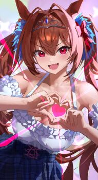 1girl :d absurdres animal_ears blue_skirt breasts cleavage commentary daiwa_scarlet_(umamusume) hair_ribbon heart heart_hands highres horse_ears horse_girl horse_tail large_breasts long_hair looking_at_viewer open_mouth plaid_clothes plaid_skirt red_eyes red_hair red_ribbon ribbon skirt smile solo tail tiara twintails umamusume yoru_(yorumi)