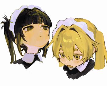2girls black_hair blonde_hair blunt_bangs collared_shirt colored_eyelashes commentary_request cropped_shoulders hair_intakes highres iwonu jitome looking_to_the_side looking_up maid maid_headdress multiple_girls open_mouth original shirt thick_eyebrows twintails yellow_eyes