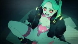1boy 1girl animated arm_support black_jacket breasts censored colored_sclera cyberpunk_(series) cyberpunk:_edgerunners cyborg excited foot_out_of_frame fray_arts from_above green_eyes green_hair hetero jacket leaning_back leg_tattoo loli long_hair long_sleeves looking_at_viewer looking_up matching_hair/eyes naked_jacket neck_tattoo nipples nose open_clothes open_jacket open_mouth penis pov pov_crotch pov_hands pussy rebecca_(cyberpunk) red_sclera sex shoes sitting small_breasts smile sneakers solo_focus sound spread_legs stomach_tattoo tagme tattoo teeth twintails uncensored vaginal video