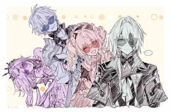 ... 2boys 2girls :o ahoge anaxa_(honkai:_star_rail) ascot border bow bowtie capelet castorice_(honkai:_star_rail) commentary_request cropped_torso dress drill_hair frown highres hole_in_chest hole_on_body honkai:_star_rail honkai_(series) hyacine_(honkai:_star_rail) leaning_to_the_side limited_palette long_hair lv_minus999 multiple_boys multiple_girls one_eye_closed open_mouth phainon_(honkai:_star_rail) pointy_ears ponytail short_hair simple_background smile spoken_ellipsis sunglasses tiara twin_drills upper_body yellow_background