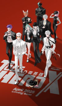 Rule 34 | 3girls, 6+boys, absurdres, adjusting clothes, adjusting headwear, ahu (to be hero x), animal, animal ears, animal on arm, armor, baseball cap, big johnny (to be hero x), black coat, black jacket, black pants, black shirt, braid, breasts, buzz cut, chest tattoo, cleavage, clothes grab, coat, collared shirt, copyright logo, dog, dragon boy (to be hero x), e-soul (to be hero x), everyone, fedora, formal clothes, fox ears, from above, full body, gauntlets, ghostblade (to be hero x), green hair, hair slicked back, hand in pocket, hands in pockets, hat, helmet, high ponytail, highres, jacket, jewelry, little johnny (to be hero x), logo, loli (to be hero x), lucky cyan (to be hero x), mohawk, mullet, multiple boys, multiple girls, necklace, necktie, necktie grab, neckwear grab, nice (to be hero x), official art, open clothes, open jacket, open shirt, orange-tinted eyewear, orange hair, pants, partially open shirt, pink hair, pink necktie, ponytail, purple hair, queen (to be hero x), shirt, short hair, sleeveless, sleeveless shirt, suit, suit jacket, suit pants, tattoo, tinted eyewear, to be hero, to be hero x, very short hair, vest, walking, white coat, white hair, white jacket, white necktie, white shirt, white vest, x (to be hero x), yellow necktie