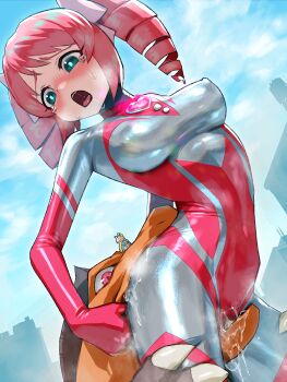 1girl 2girls blue_eyes blue_sky blush bodysuit breasts claws cloud commentary_request covered_erect_nipples covered_navel day drill_hair drooling giant giantess gloves green_eyes hair_ribbon heropin highres impossible_bodysuit impossible_clothes latex looking_down magia_magenta mahou_shoujo_ni_akogarete medium_breasts monster multicolored_bodysuit multiple_girls nero_alice nikunopengin open_mouth oral outdoors parody pink_hair pussy_juice ribbon saliva shiny_clothes skin_tight sky solo_focus sweat tears teeth through_clothes tokusatsu tongue twin_drills twintails ultra_series white_ribbon