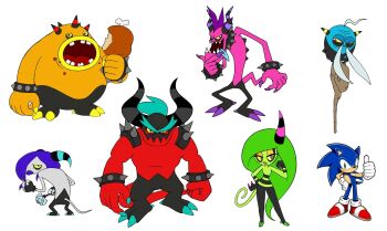 1girl 3d 6+boys alien big_hair facial_hair food full_body gloves hair_over_one_eye highres holding holding_food horns looking_at_viewer looking_back looking_to_the_side monster_boy monster_girl multiple_boys mustache no_humans official_art open_mouth sega serious simple_background single_horn smile sonic_(series) sonic_channel sonic_lost_world sonic_the_hedgehog source_request staff standing tail white_background zavok_(sonic) zazz zeena zik zomom zor