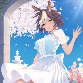 1girl alternate_costume blue_dress blue_sky breasts brown_eyes brown_hair commission day dodosako dress flower fountain highres indie_virtual_youtuber indoors large_breasts looking_at_viewer multicolored_hair open_mouth outdoors pink_flower second-party_source short_hair sky smile solo teeth tomoe_umari tongue upper_teeth_only virtual_youtuber white_hair