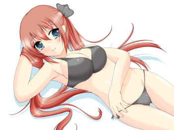 Rule 34 | airi (queen's blade), armpits, blue eyes, breasts, lying, miyaman, queen's blade, red hair, ribbon, swimsuit, twintails