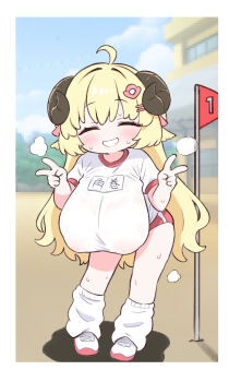 1girl absurdres ahoge alternate_breast_size_(larger) alternate_costume animal_ears blonde_hair blush breasts closed_eyes covered_erect_nipples double_v flagpole full_body grin gym_shirt gym_shorts gym_uniform hair_ornament hairclip highres hololive horns huge_breasts inverted_nipples kani_bonara leg_warmers long_hair name_tag oppai_loli sheep_ears sheep_horns shirt shorts smile solo standing steam sweat tsunomaki_watame v very_long_hair virtual_youtuber wet wet_clothes wet_shirt white_leg_warmers