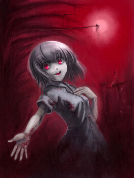 Rule 34 | 1girl, blood, blood stain, crazy, crazy eyes, cross, edobox, female focus, glowing, glowing eyes, moon, pale skin, pixiv fantasia, pixiv fantasia 1, red eyes, red moon, red theme, smile, solo