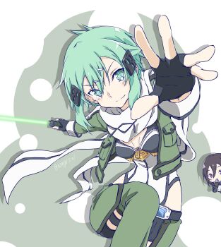 Rule 34 | 1boy, 1girl, aqua eyes, aqua hair, armor, armored leotard, asagi501, belt, black belt, black gloves, black hair, black jacket, black leotard, black shorts, black trim, breasts, breasts apart, chest guard, closed mouth, covering own mouth, cowboy shot, cropped jacket, detached pants, double-parted bangs, drop shadow, energy sword, fingerless gloves, gloves, green background, green jacket, green lightsaber, green pants, hair between eyes, hair ornament, hairclip, highleg, highleg leotard, highres, holding, holding sword, holding weapon, jacket, kirito, kirito (sao-ggo), leg up, leotard, lightsaber, long hair, long sleeves, messy hair, multicolored jacket, multicolored leotard, open clothes, open jacket, outstretched arm, pants, purple eyes, scarf, short shorts, shorts, sinon, small breasts, smile, solo focus, split mouth, sword, sword art online, tassets, thigh strap, two-tone jacket, two-tone leotard, upper body, v-shaped eyebrows, weapon, white armor, white background, white jacket, white leotard, white scarf