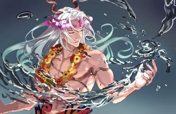 Rule 34 | 1boy, commentary, fire emblem, fire emblem heroes, flower, flower necklace, freyr (fire emblem), freyr (summer) (fire emblem), hashiko (neleven), head wreath, jewelry, long hair, male focus, male swimwear, mature male, muscular, muscular male, necklace, nintendo, official alternate costume, solo, symbol-only commentary, upper body, white hair