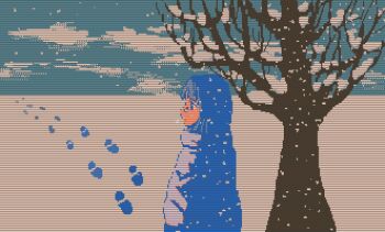 1girl animated animated_gif bare_tree blue_eyes blue_hair blue_sky chinese_commentary cloud coat collared_coat commentary day english_commentary footprints from_side heavy_breathing high_collar looking_ahead looping_animation medium_hair mixed-language_commentary original outdoors puffy_sleeves sky snow solo tree upper_body white_coat white_sleeves winter winter_clothes winter_coat xing_yanyanyanyan