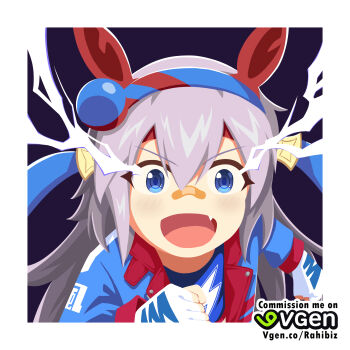 1girl absurdres animal_ears blue_eyes blue_hairband blue_jacket blue_sports_bra blush commission crop_top ear_covers ear_ornament eye_trail fang fingerless_gloves gloves grey_hair hair_between_eyes hairband headband highres horse_ears horse_girl jacket light_trail lightning_bolt_print lightning_bolt_symbol long_hair long_sleeves looking_at_viewer open_mouth rahibizzz red_headband smile solo sports_bra striped_clothes striped_hairband tamamo_cross_(umamusume) tamamo_cross_(with_lightning_speed)_(umamusume) umamusume upper_body very_long_hair vgen_commission