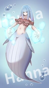 1girl air_bubble bare_shoulders bikini bikini_top_only blue_eyes blue_hair blunt_bangs breasts bubble character_name closed_mouth collarbone commentary_request energy_barrier energy_shield fins frilled_bikini frills full_body grey_background groin head_fins highres komena_(shinyday312) large_breasts long_hair looking_at_viewer mermaid monster_girl navel original red_bikini sidelocks solo stomach swimsuit underwater