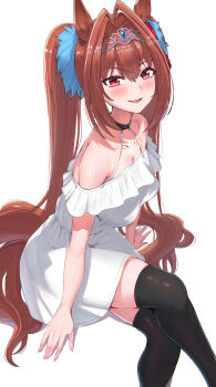 1girl absurdres alternate_costume animal_ears antenna_hair bare_shoulders black_choker black_thighhighs blush breasts brown_hair choker cleavage commentary_request crossed_legs daiwa_scarlet_(umamusume) dress feet_out_of_frame hair_between_eyes hair_intakes hair_ornament highres horse_ears horse_girl horse_tail large_breasts long_hair looking_at_viewer open_mouth red_eyes red_hair simple_background sitting smile solo tail take978733141 thighhighs thighs tiara twintails umamusume very_long_hair white_background white_dress zettai_ryouiki