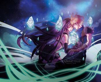 1boy 1girl absurdres armor artist_name bare_shoulders black_gloves black_hair black_skirt black_thighhighs blonde_hair blue_eyes breasts cloud_strife crop_top elbow_gloves feet_out_of_frame final_fantasy final_fantasy_vii final_fantasy_vii_rebirth final_fantasy_vii_remake floating_hair from_side glass_shards gloves highres ilabarattolo large_breasts leaning_forward lifestream long_hair looking_at_another materia night night_sky red_eyes shards shinra_infantry_uniform shoulder_armor skirt sky sleeveless sleeveless_turtleneck spiked_hair star_(sky) starry_sky suspender_skirt suspenders sweater tank_top thighhighs tifa_lockhart turtleneck turtleneck_sweater water_tank water_tower white_tank_top windmill