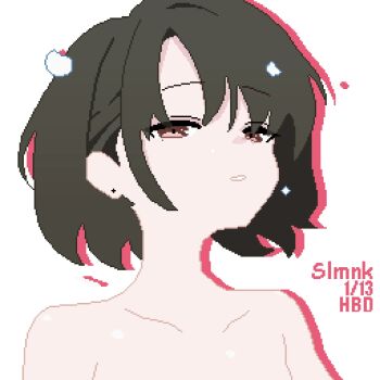 1girl bare_shoulders blue_archive brown_eyes brown_hair drop_shadow halo highres implied_nudity looking_at_viewer misaki_(blue_archive) no_halo parted_bangs parted_lips pixel_art portrait short_hair simple_background slmnk10124 solo white_background