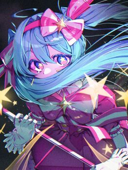 1girl ahoge black_background blue_eyes blue_hair bow bow_hairband bowtie bright_pupils buttons chromatic_aberration collared_shirt commentary covered_mouth danchoo double-breasted double-parted_bangs film_grain frilled_gloves frilled_sleeves frills from_above gloves hair_between_eyes hair_bow hair_intakes hair_ornament hairband hatsune_miku high-waist_skirt highres holding holding_wand ima_sugu_rinne_(vocaloid) light_particles long_hair looking_at_viewer multicolored_eyes pink_bow pink_bowtie pink_eyes pink_hairband pink_skirt puffy_short_sleeves puffy_sleeves shirt shirt_tucked_in short_sleeves simple_background skirt solo sparkle star-shaped_pupils star_(symbol) star_wand striped_bow striped_bowtie striped_clothes symbol-only_commentary symbol-shaped_pupils twintails two-tone_bow two-tone_bowtie two-tone_eyes upper_body vocaloid wand white_bow white_bowtie white_gloves white_shirt wind yellow_pupils