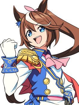 Rule 34 | 1girl, absurdres, animal ears, ascot, asymmetrical gloves, baasaku (balasaku24), black gloves, blue eyes, bow, brown hair, buttons, commentary request, double-breasted, ear ribbon, epaulettes, gloves, hair between eyes, high ponytail, highres, horse ears, horse girl, jacket, long hair, long sleeves, looking at viewer, mismatched gloves, multicolored hair, multicolored jacket, open mouth, pink ascot, ponytail, simple background, single epaulette, skirt, smile, solo, streaked hair, teeth, tokai teio (peak joy) (umamusume), tokai teio (umamusume), two-tone hair, two-tone jacket, two-tone skirt, umamusume, upper body, upper teeth only, white background, white gloves, white hair, white jacket, white skirt