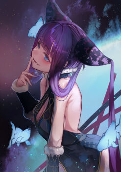 1girl bare_shoulders black_dress blue_eyes blunt_bangs blush breasts china_dress chinese_clothes cleavage detached_sleeves dress fate/grand_order fate_(series) fish highres large_breasts long_hair looking_at_viewer motivation_(user_kace3282) open_mouth purple_hair sidelocks smile solo twintails very_long_hair yang_guifei_(fate) yang_guifei_(second_ascension)_(fate)