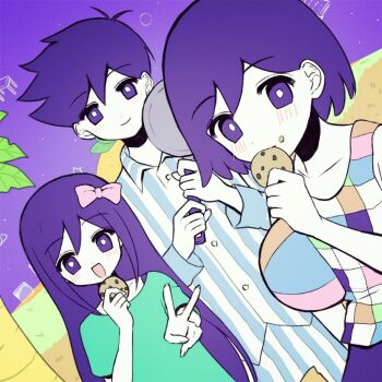 1girl 2boys :d antenna_hair aubrey_(headspace)_(omori) aubrey_(omori) blue_pants blue_shirt bow brothers buttons checkered_clothes checkered_shirt chocolate_chip_cookie closed_mouth collarbone collared_shirt cookie cowboy_shot double-parted_bangs dutch_angle eating faux_retro_artstyle flat_color food food_on_face frying_pan green_shirt hair_behind_ear hair_between_eyes hair_bow hero_(headspace)_(omori) hero_(omori) holding holding_cookie holding_food holding_frying_pan in-universe_location kel_(headspace)_(omori) kel_(omori) light_blush long_hair long_sleeves looking_at_viewer multiple_boys omori open_mouth outdoors palm_tree pants pink_bow purple_eyes purple_hair purple_pants purple_sky shirt short_hair short_sleeves siblings sidelocks simple_background sky sleeveless sleeveless_shirt smile straight_hair striped_clothes striped_pants striped_shirt tree true_erg two-tone_pants two-tone_shirt upper_body v vertical-striped_clothes vertical-striped_pants vertical-striped_shirt very_long_hair very_short_hair white_pants white_shirt