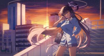 Rule 34 | 1girl, absurdres, bag, black hair, black skirt, blue archive, blue bow, blue bowtie, blue cardigan, blush, bow, bowtie, breasts, cardigan, collared shirt, dark-skinned female, dark skin, halo, hand in pocket, hand up, hashtag-only commentary, head tilt, highres, karin (blue archive), karin (school uniform) (blue archive), large breasts, long hair, looking at viewer, on stairs, outdoors, parted lips, pleated skirt, purple halo, school bag, school uniform, shirt, skirt, sleeves pushed up, solo, standing, twilight, white shirt, yellow eyes, yeon2ry